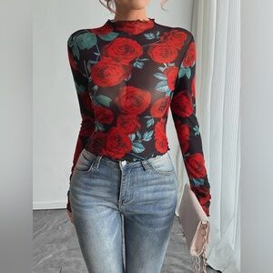 Red Rose Floral Print Lace Mesh Long Sleeve Layering Top